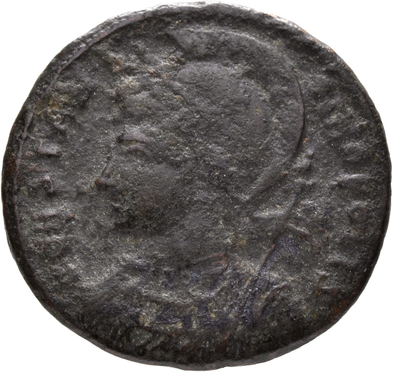 RIC VII Siscia 224 Constantine I obverse, Bust of Constantinopolis, laureate, helmeted, wearing imperial cloak, left, hold...