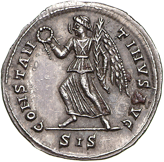 RIC VII Siscia 229 Constantine I reverse, Victory, winged, draped, advancing left, holding wreath in right hand and palm i...