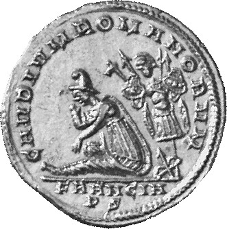 Constantine I reverse — Francia, draped, seated left on ground, placing left hand in lap; behind her, trophy with spearheads, bow and spear below; in exergue, FRANCIA