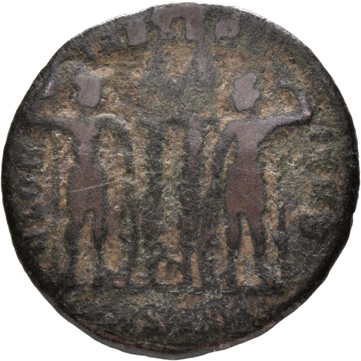 RIC VII Siscia 235 Constantine I reverse, Two soldiers, helmeted, draped, cuirassed, standing facing each other, each hold...