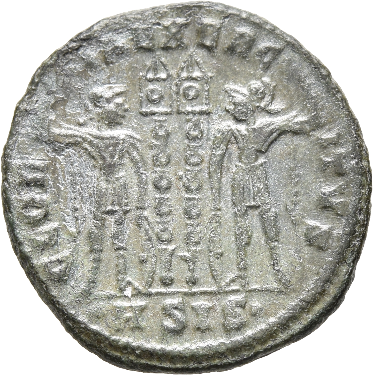 RIC VII Siscia 235 Constantine I reverse, Two soldiers, helmeted, draped, cuirassed, standing facing each other, each hold...