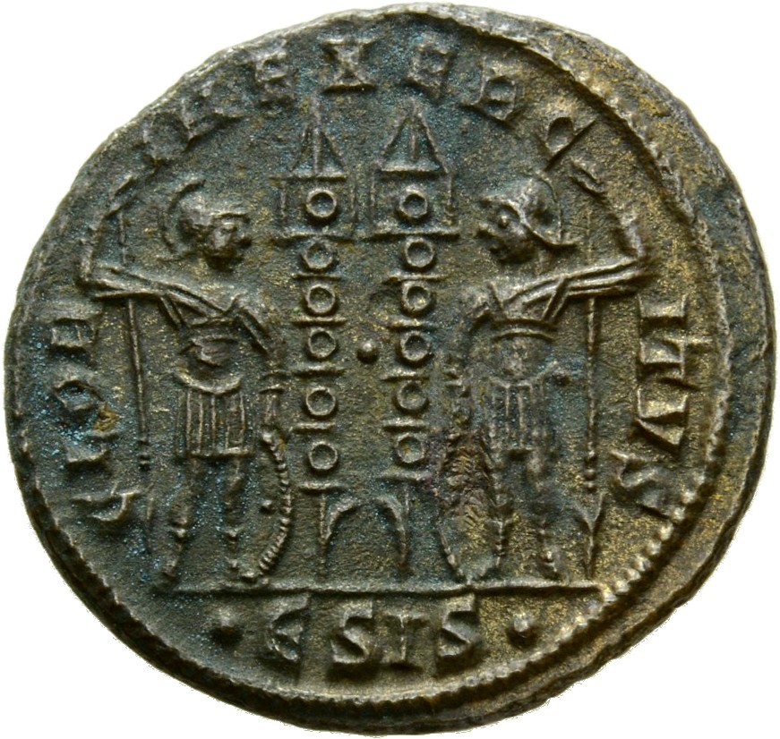 RIC VII Siscia 236 Constantine I reverse, Two soldiers, helmeted, draped, cuirassed, standing facing each other, each hold...