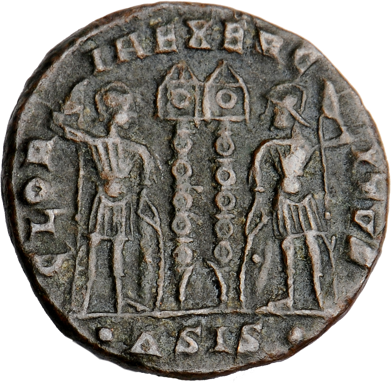 RIC VII Siscia 238 Constantine I reverse, Two soldiers, helmeted, draped, cuirassed, standing facing each other, each hold...