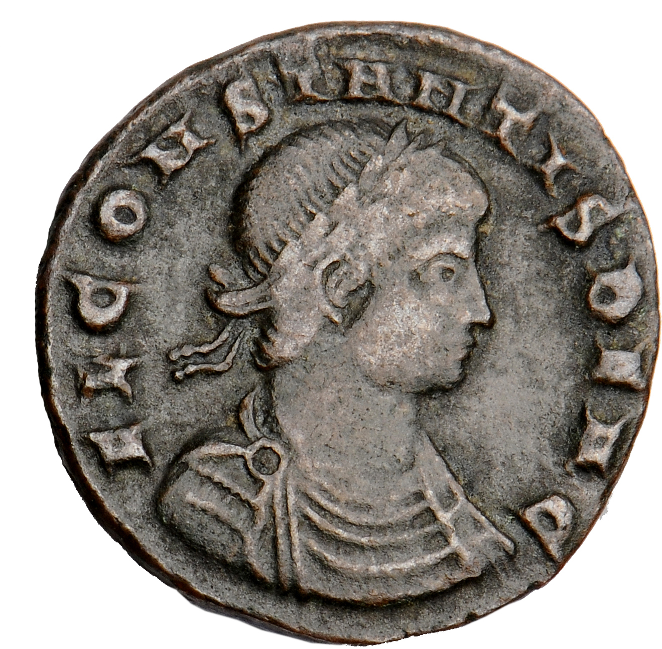 RIC VII Siscia 238 Constantine I obverse, Bust of Constans, laureate, draped, cuirassed, right