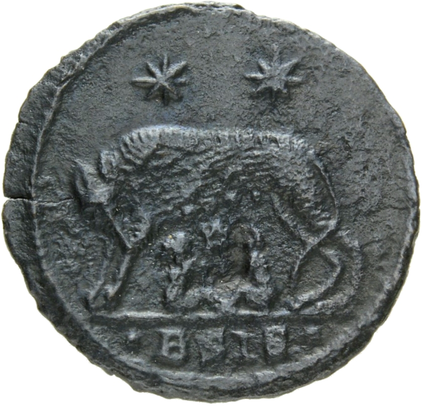RIC VII Siscia 240 Constantine I reverse, She-wolf, standing left, suckling twins; above, two stars