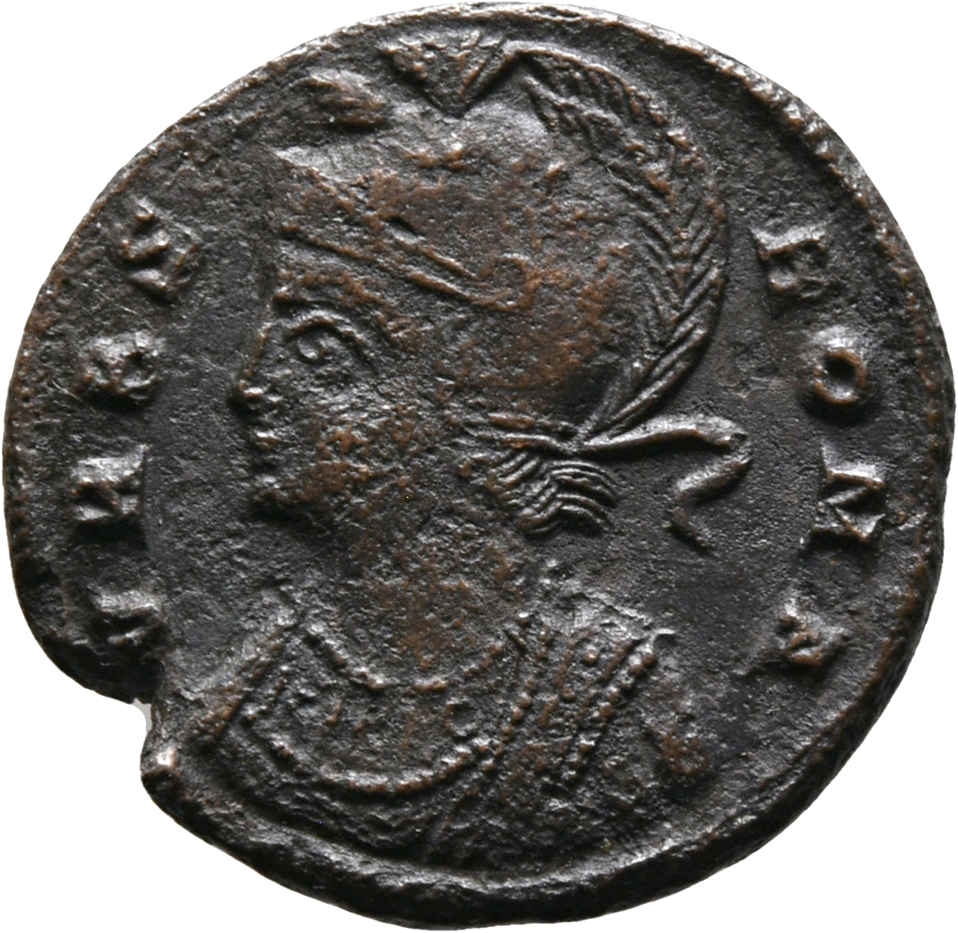 RIC VII Siscia 240 Constantine I obverse, Bust of Roma, helmeted, wearing imperial cloak, left