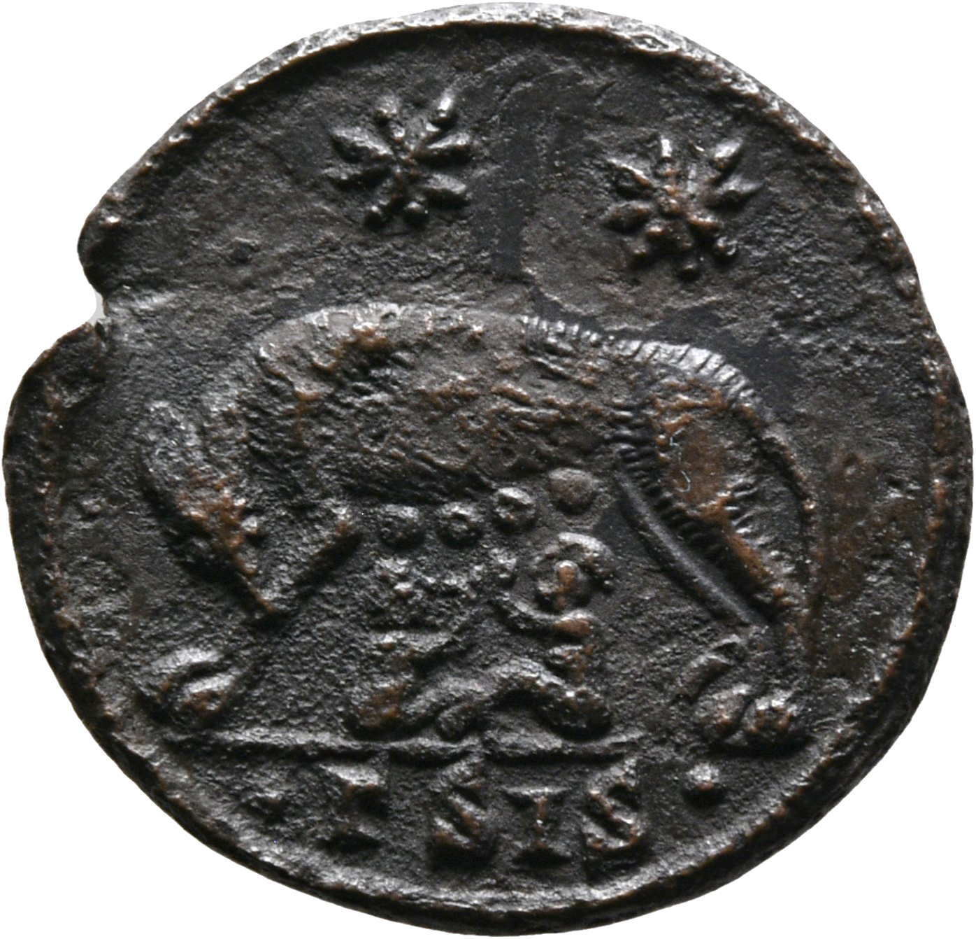 RIC VII Siscia 240 Constantine I reverse, She-wolf, standing left, suckling twins; above, two stars