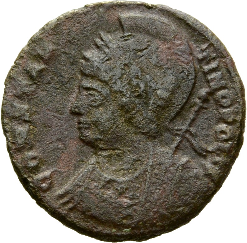 RIC VII Siscia 241 Constantine I obverse, Bust of Constantinopolis, laureate, helmeted, wearing imperial cloak, left, hold...