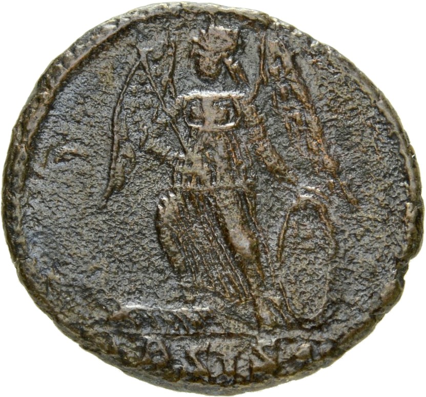 RIC VII Siscia 241 Constantine I reverse, Victory, winged, draped, standing left on prow, holding spear in right hand and ...