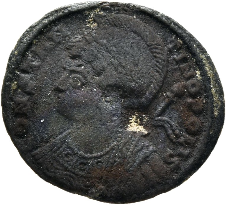 RIC VII Siscia 241 Constantine I obverse, Bust of Constantinopolis, laureate, helmeted, wearing imperial cloak, left, hold...