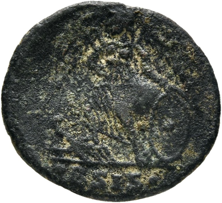 RIC VII Siscia 241 Constantine I reverse, Victory, winged, draped, standing left on prow, holding spear in right hand and ...