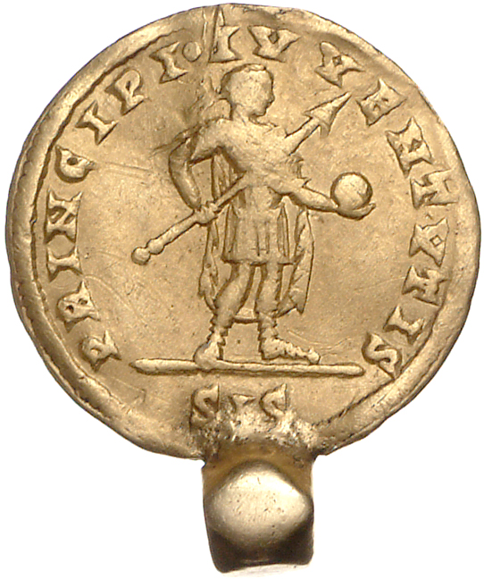 RIC VII Siscia 251 Constantine I reverse, Constantine II, draped, cuirassed, cloak displayed, standing right, holding tran...