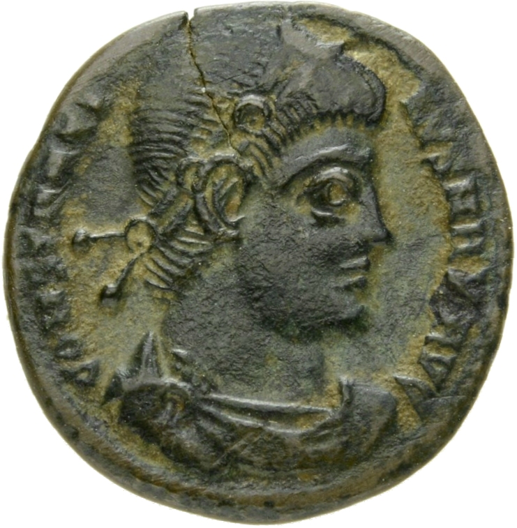 Constantine I obverse — Bust of Constantine I, rosette-diademed, draped, cuirassed, right