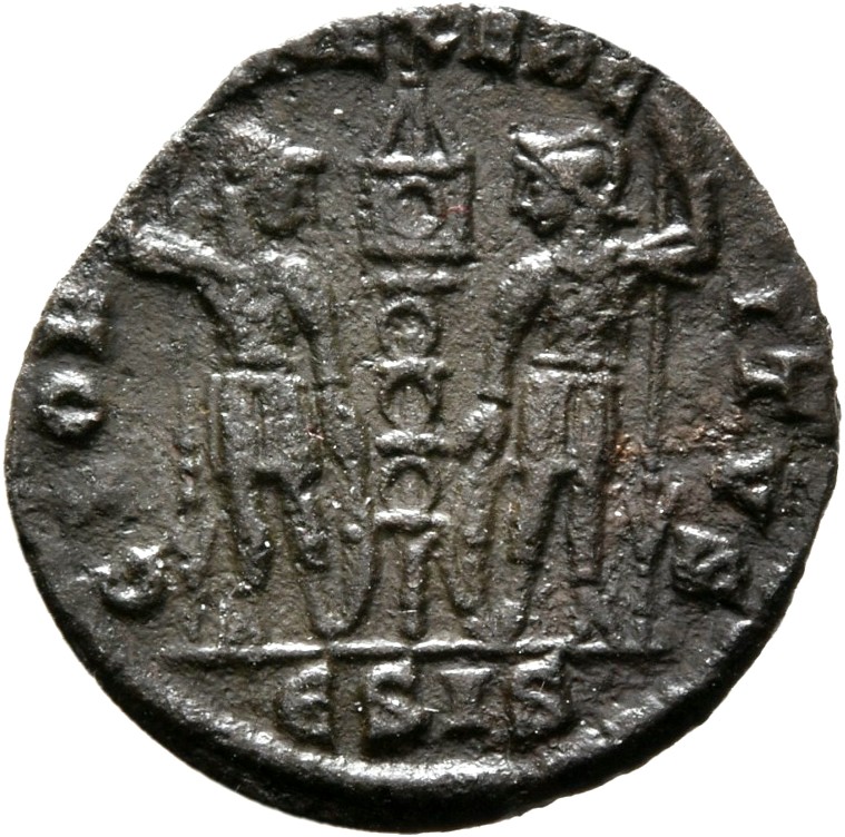 RIC VII Siscia 253 Constantine I reverse, Two soldiers, helmeted, draped, cuirassed, standing facing each other, each hold...