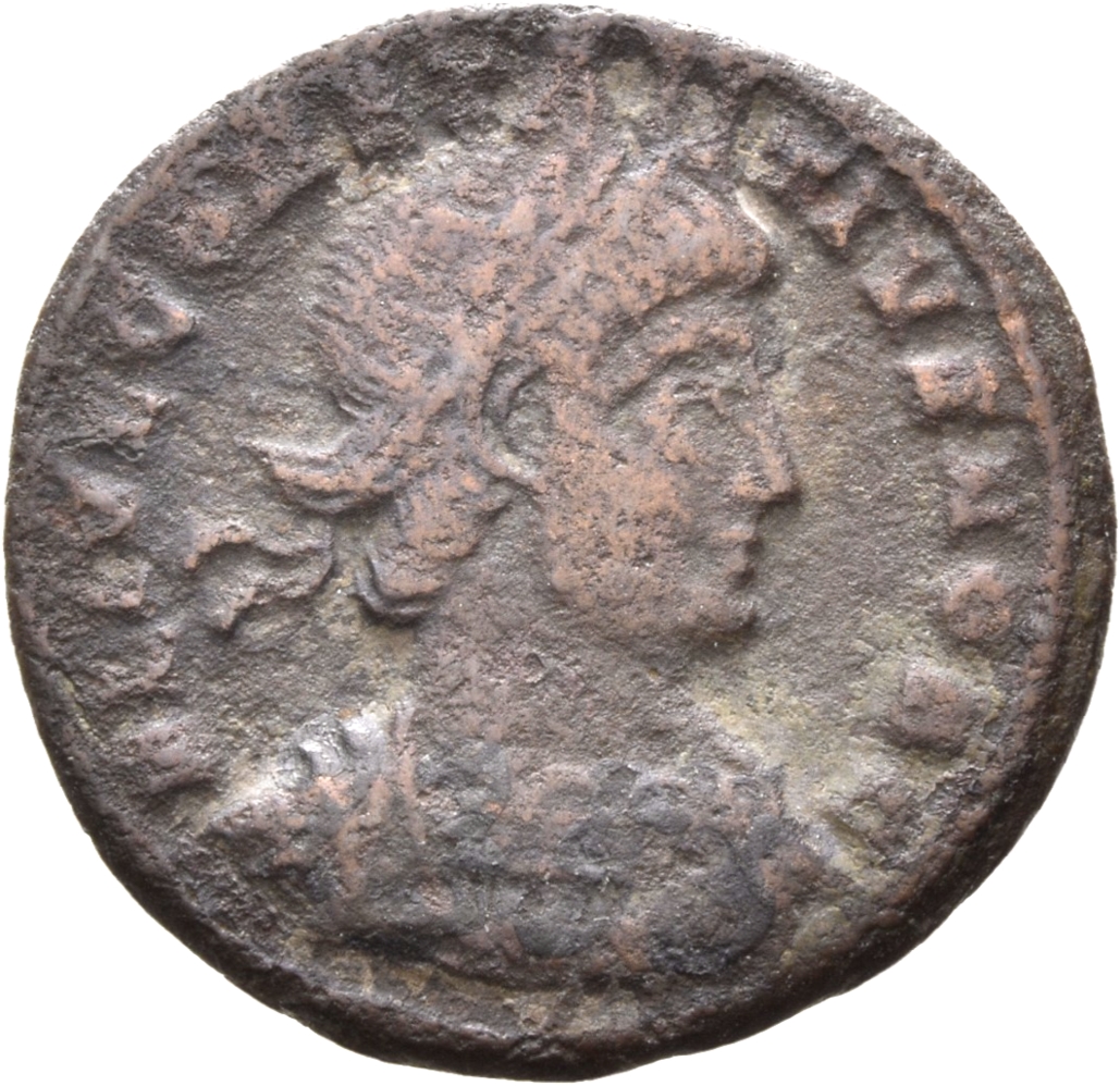 RIC VII Siscia 254 Constantine I obverse, Bust of Constantius II, laureate, cuirassed, right