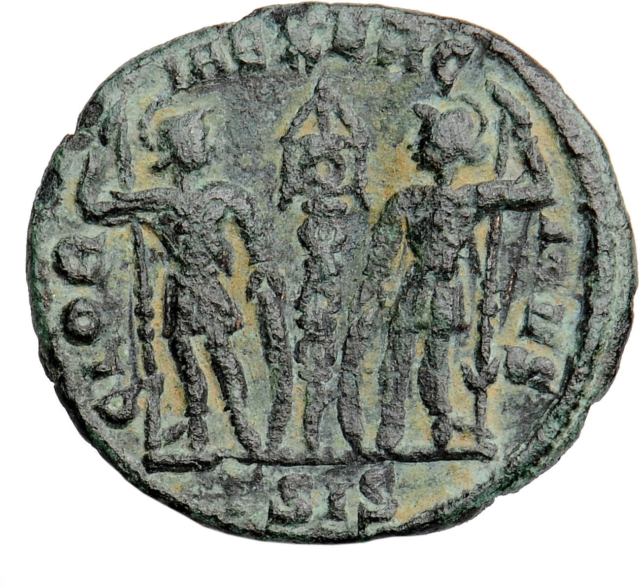 RIC VII Siscia 254 Constantine I reverse, Two soldiers, helmeted, draped, cuirassed, standing facing each other, each hold...