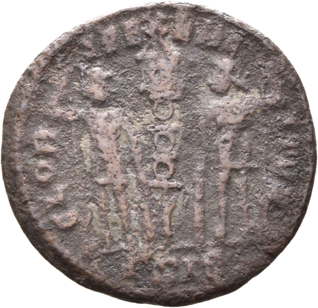 RIC VII Siscia 254 Constantine I reverse, Two soldiers, helmeted, draped, cuirassed, standing facing each other, each hold...