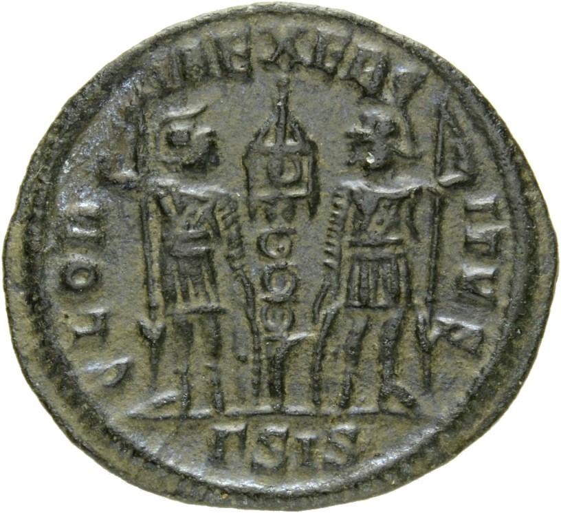 RIC VII Siscia 255 Constantine I reverse, Two soldiers, helmeted, draped, cuirassed, standing facing each other, each hold...