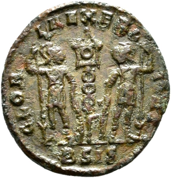 RIC VII Siscia 256 Constantine I reverse, Two soldiers, helmeted, draped, cuirassed, standing facing each other, each hold...