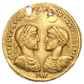 Constantine I reverse — Confronted busts of Crispus and Constantine II, laureate, draped, cuirassed