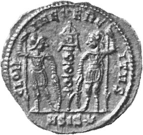 RIC VII Siscia 261 Constantine I reverse, Two soldiers, helmeted, draped, cuirassed, standing facing each other, each hold...
