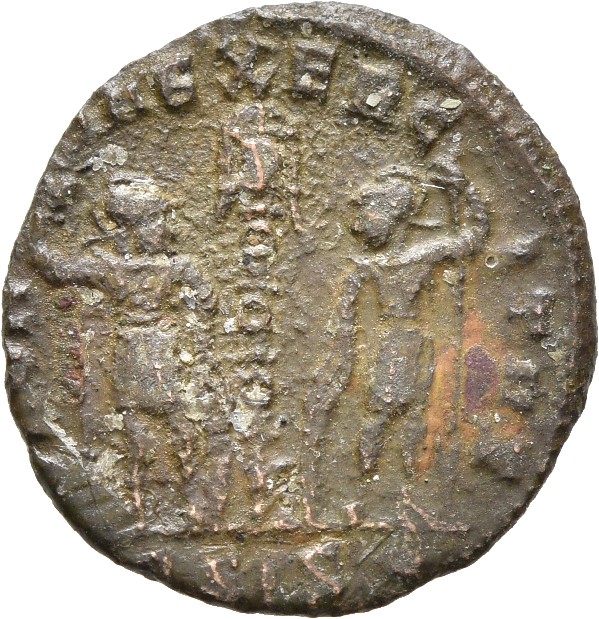 RIC VII Siscia 261 Constantine I reverse, Two soldiers, helmeted, draped, cuirassed, standing facing each other, each hold...