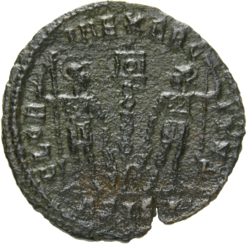 RIC VII Siscia 264 Constantine I reverse, Two soldiers, helmeted, draped, cuirassed, standing facing each other, each hold...
