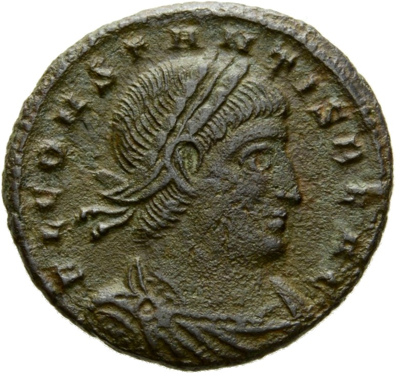Constantine I obverse — Bust of Constans, laureate, draped, cuirassed, right
