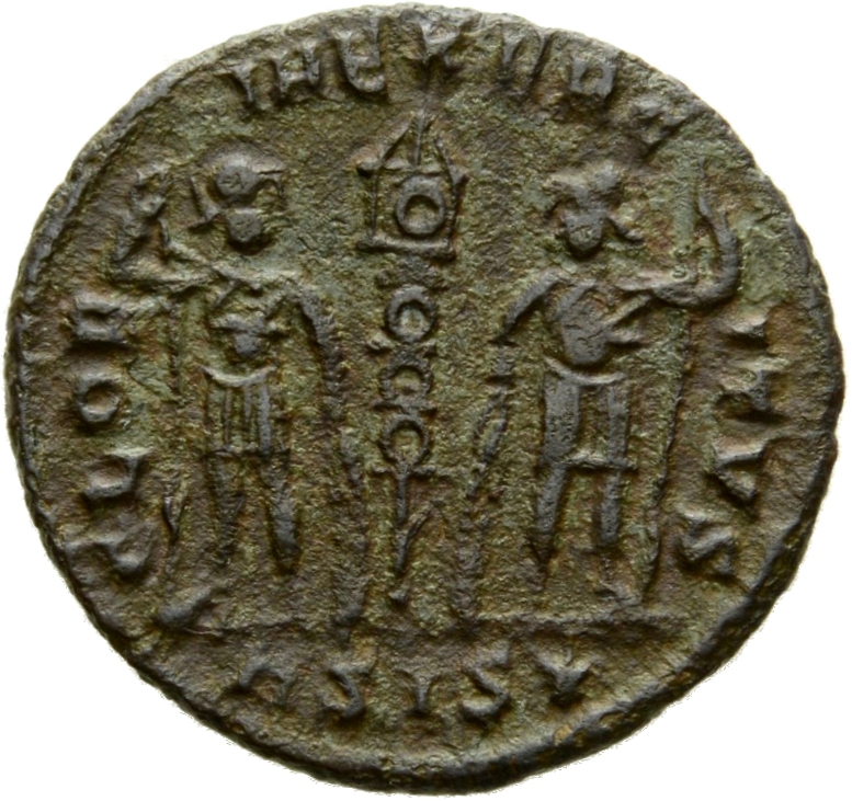 Constantine I reverse — Two soldiers, helmeted, draped, cuirassed, standing facing each other, each holding reversed spear in outer hand and resting inner hand on shield; between them, a standard