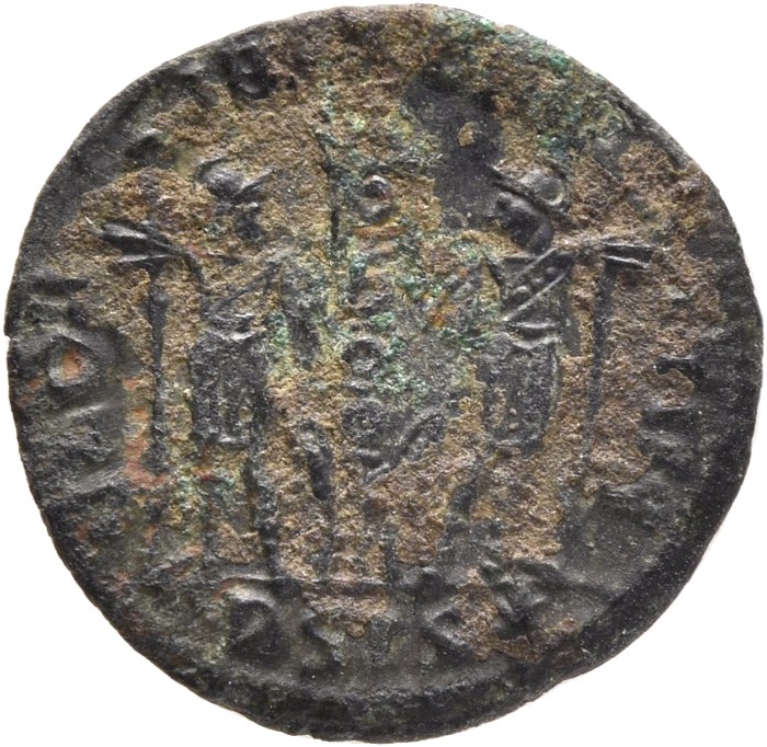 RIC VII Siscia 266 Constantine I reverse, Two soldiers, helmeted, draped, cuirassed, standing facing each other, each hold...