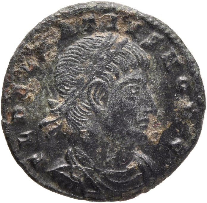 RIC VII Siscia 266 Constantine I obverse, Bust of Dalmatius, laureate, draped, cuirassed, right