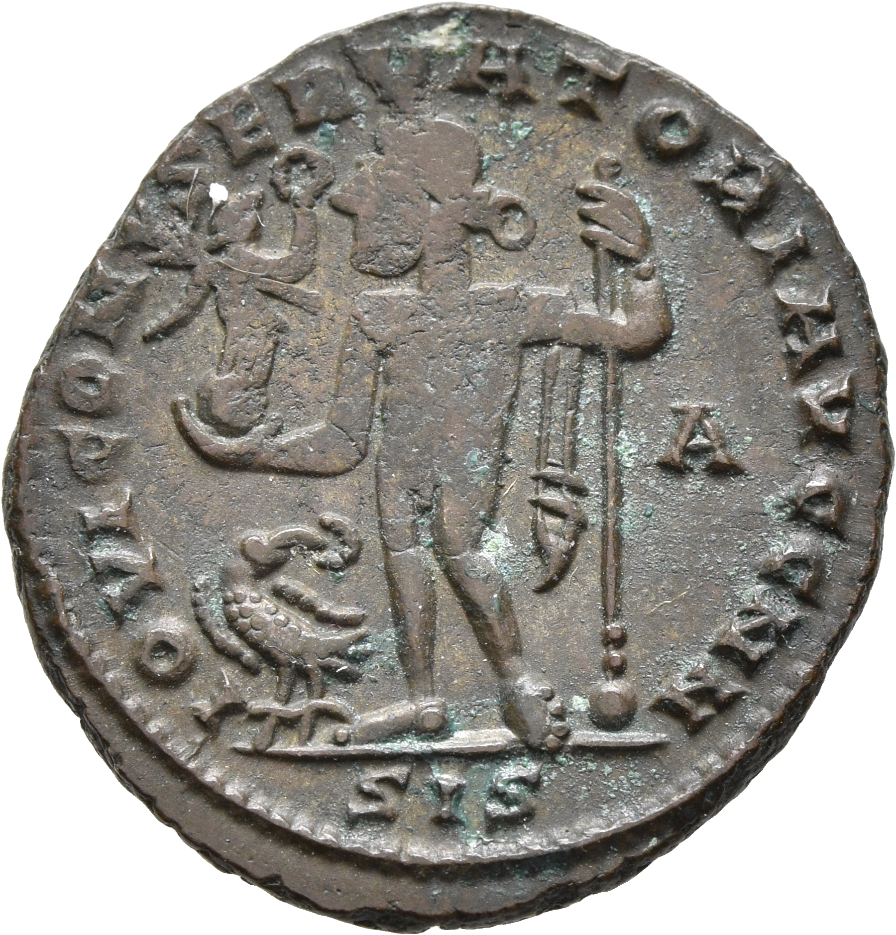 RIC VII Siscia 3 Licinius reverse, Jupiter, nude, chlamys draped across left shoulder, standing left, holding Victory on g...