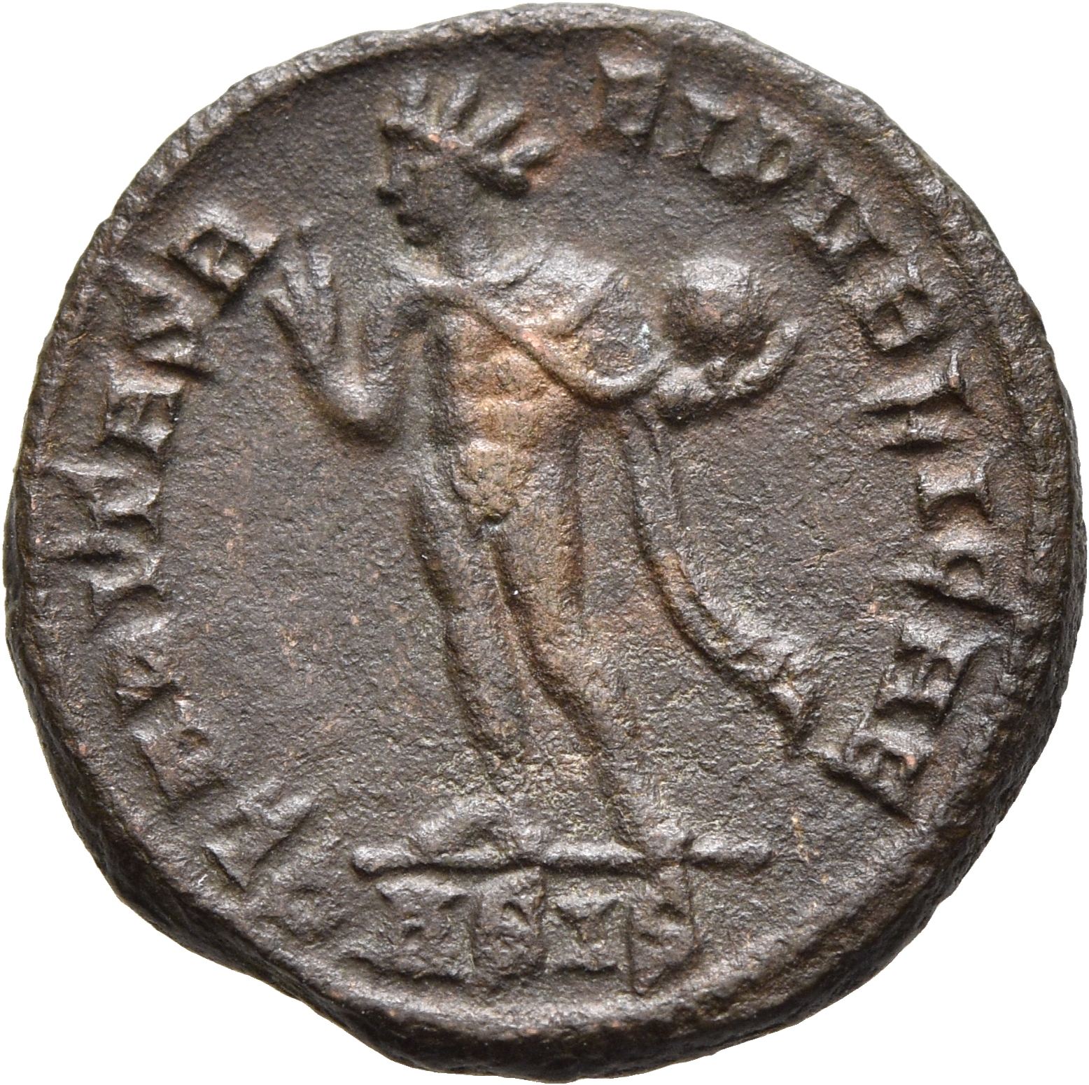 RIC VII Siscia 37 Constantine I reverse, Sol, radiate, chlamys draped across left shoulder, standing left, raising right h...