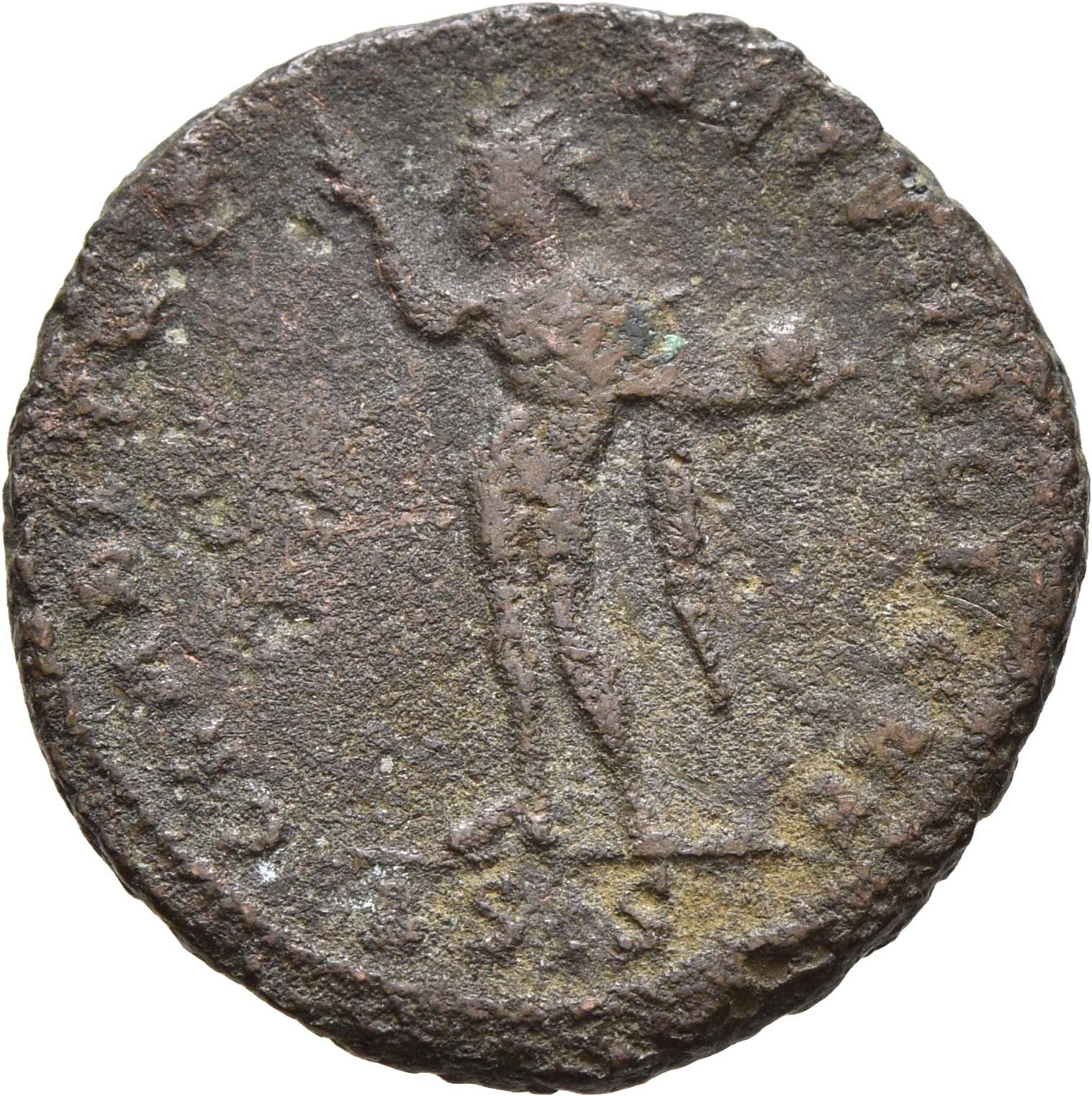 RIC VII Siscia 37 Constantine I reverse, Sol, radiate, chlamys draped across left shoulder, standing left, raising right h...