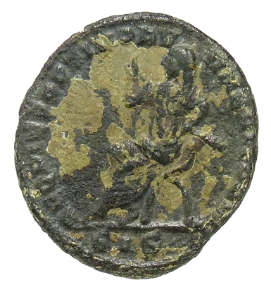 RIC VII Siscia 41 Constantine I reverse, Maximian, veiled, draped, seated left in curule chair, raising right hand and hol...
