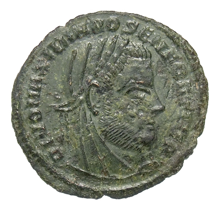 RIC VII Siscia 41 Constantine I obverse, Head of Maximian, veiled, laureate, right