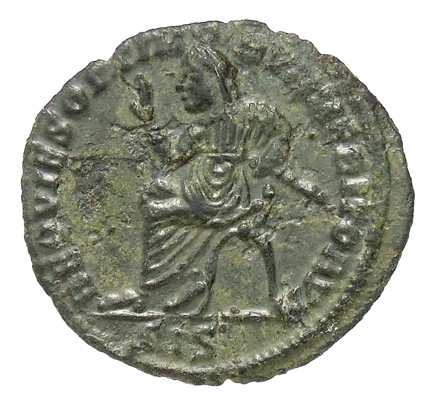 RIC VII Siscia 41 Constantine I reverse, Maximian, veiled, draped, seated left in curule chair, raising right hand and hol...