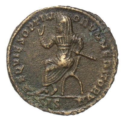 RIC VII Siscia 43 Constantine I reverse, Claudius II Gothicus, veiled, draped, seated left in curule chair, raising right ...