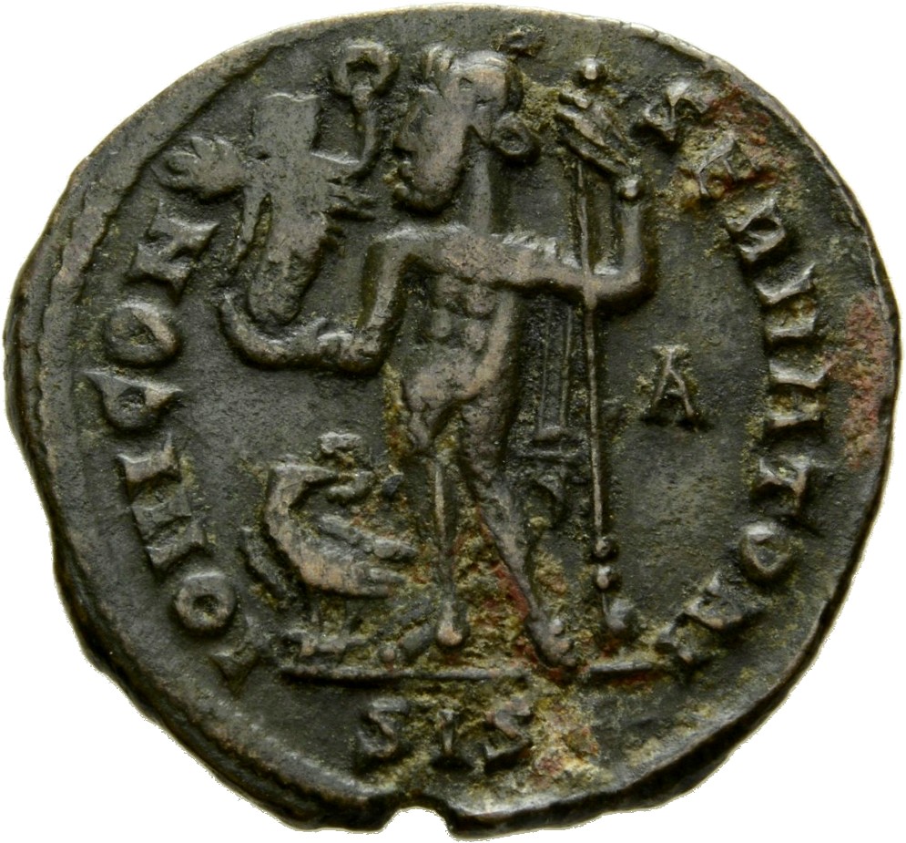 RIC VII Siscia 5 Licinius reverse, Jupiter, nude, chlamys draped across left shoulder, standing left, holding Victory on g...