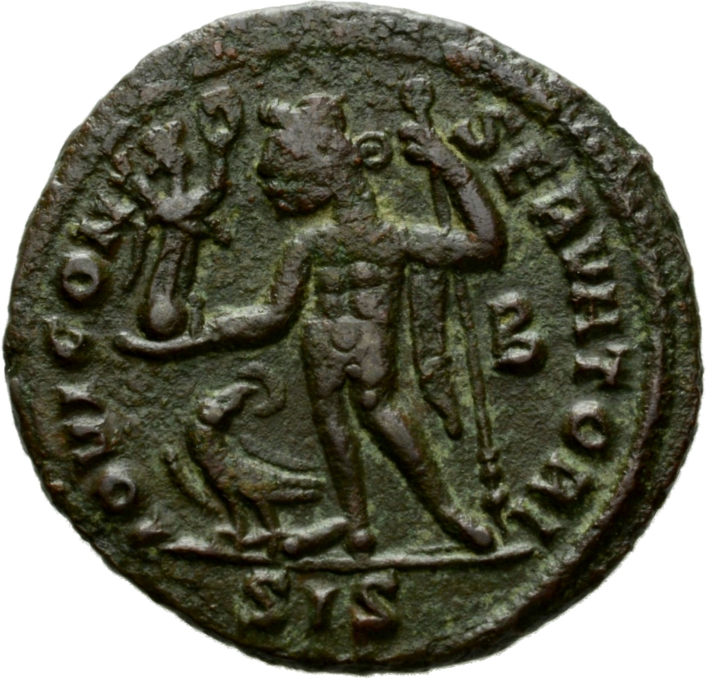 RIC VII Siscia 5 Licinius reverse, Jupiter, nude, chlamys draped across left shoulder, standing left, holding Victory on g...