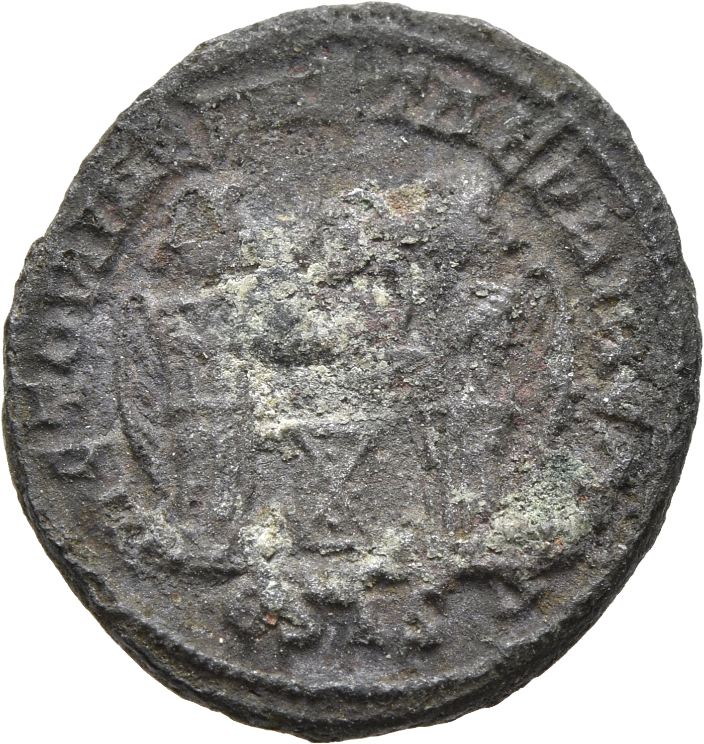 RIC VII Siscia 52 Constantine I reverse, Two Victories, winged, draped, facing each other, holding a shield inscribed VOT/...