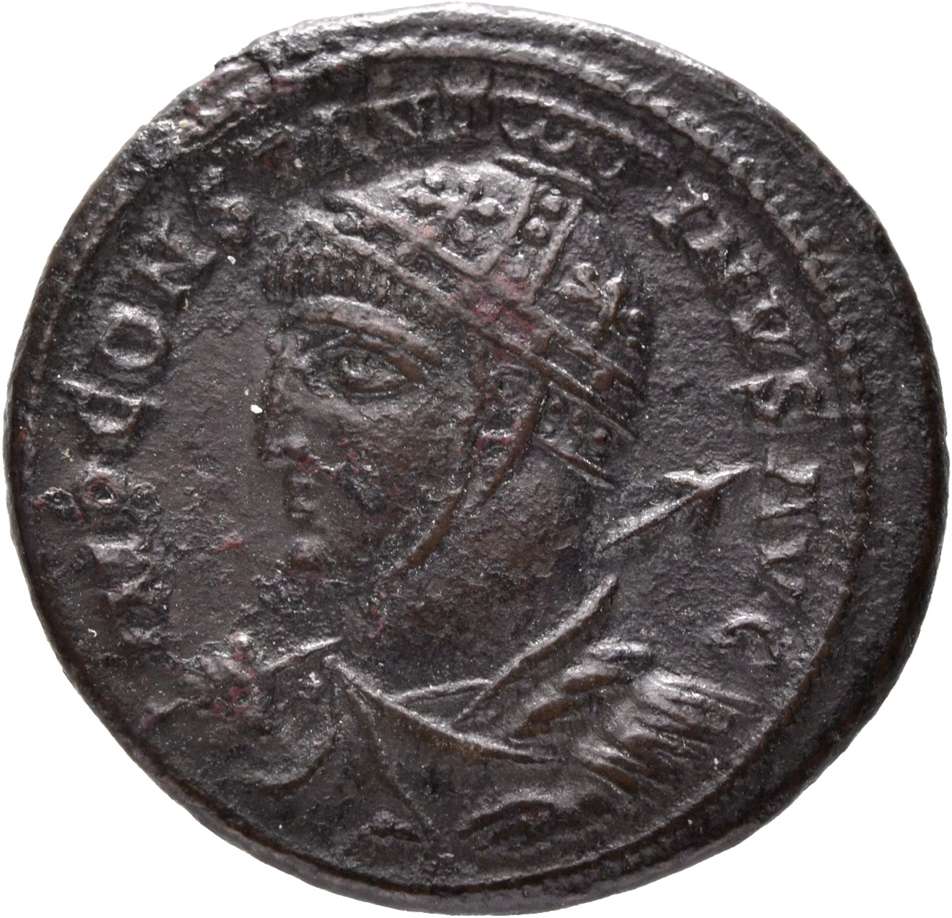 RIC VII Siscia 55 Constantine I obverse, Bust of Constantine I, wearing high-crested helmet, cuirassed, left, spear across...