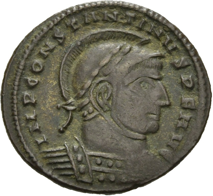 RIC VII Siscia 59 Constantine I obverse, Bust of Constantine I, laureate, helmeted, cuirassed, right
