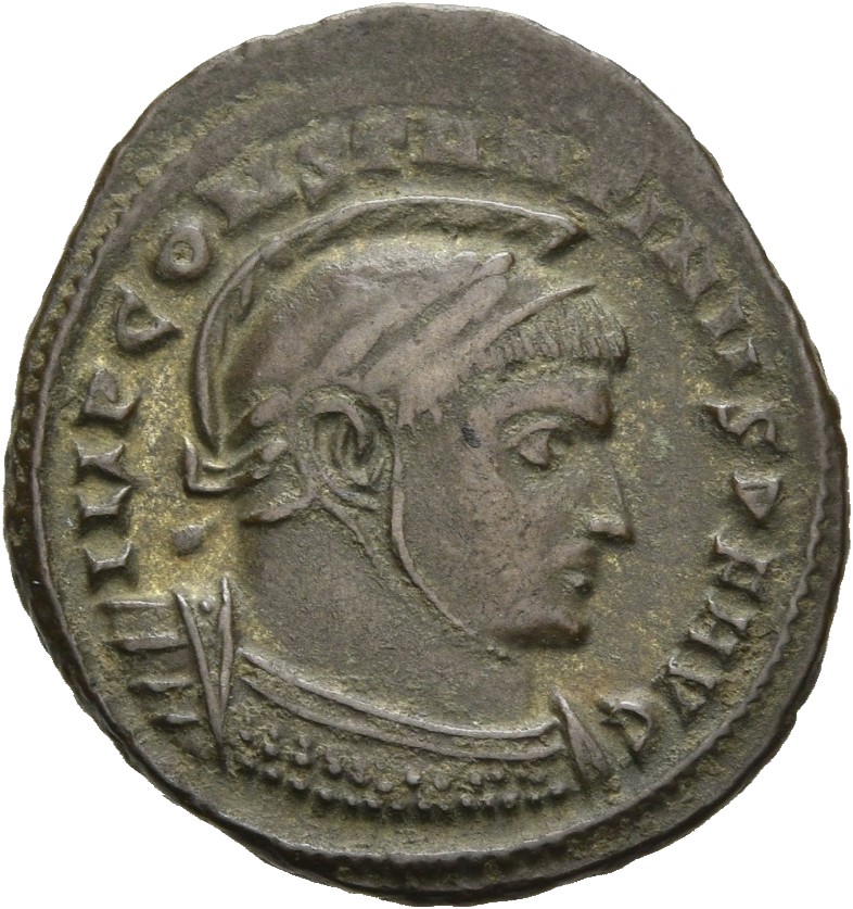 RIC VII Siscia 59 Constantine I obverse, Bust of Constantine I, laureate, helmeted, cuirassed, right
