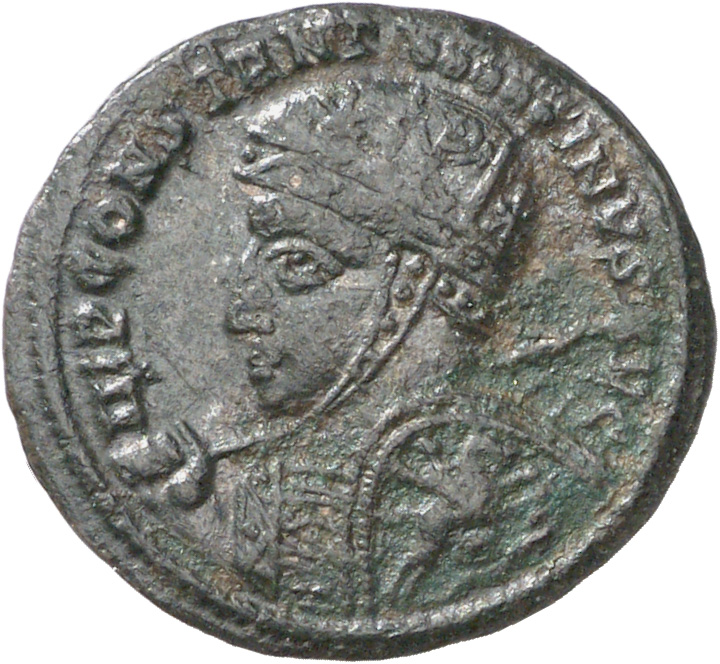 RIC VII Siscia 61 Constantine I obverse, Bust of Constantine I, wearing high-crested helmet, cuirassed, left, spear across...