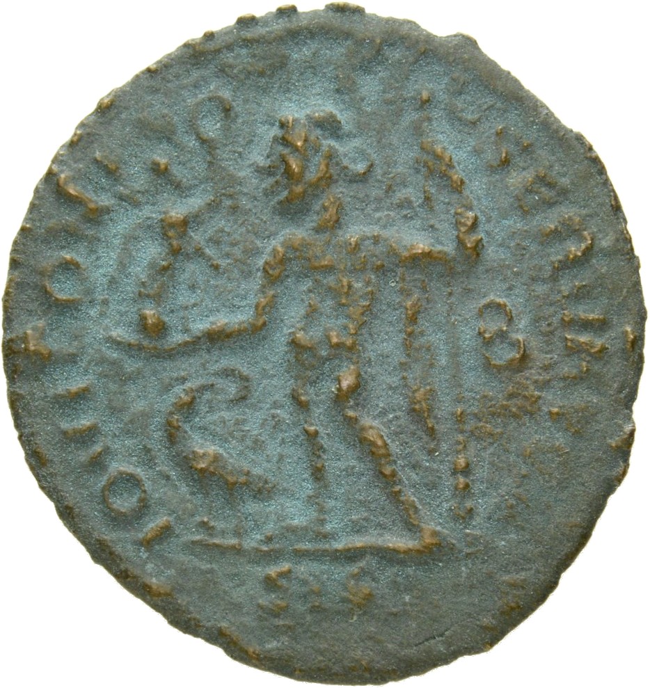 RIC VII Siscia 8 Licinius reverse, Jupiter, nude, chlamys draped across left shoulder, standing left, holding Victory on g...