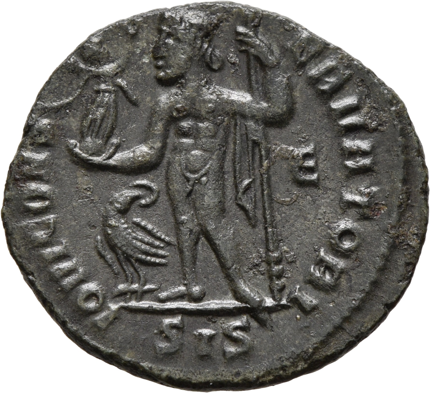 RIC VII Siscia 8 Licinius reverse, Jupiter, nude, chlamys draped across left shoulder, standing left, holding Victory on g...