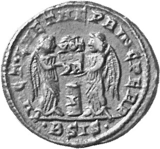 RIC VII Siscia 84 Constantine I reverse, Two Victories, winged, draped, facing each other, holding a shield inscribed VOT/...