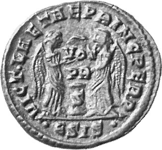 RIC VII Siscia 84 Constantine I reverse, Two Victories, winged, draped, facing each other, holding a shield inscribed VOT/...