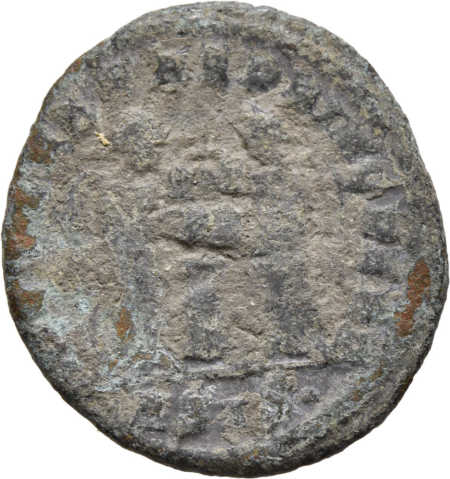 RIC VII Siscia 89 Constantine I reverse, Two Victories, winged, draped, facing each other, holding a shield inscribed VOT/...